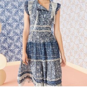 Ulla Johnson Blue and White Tiered Midi Dress